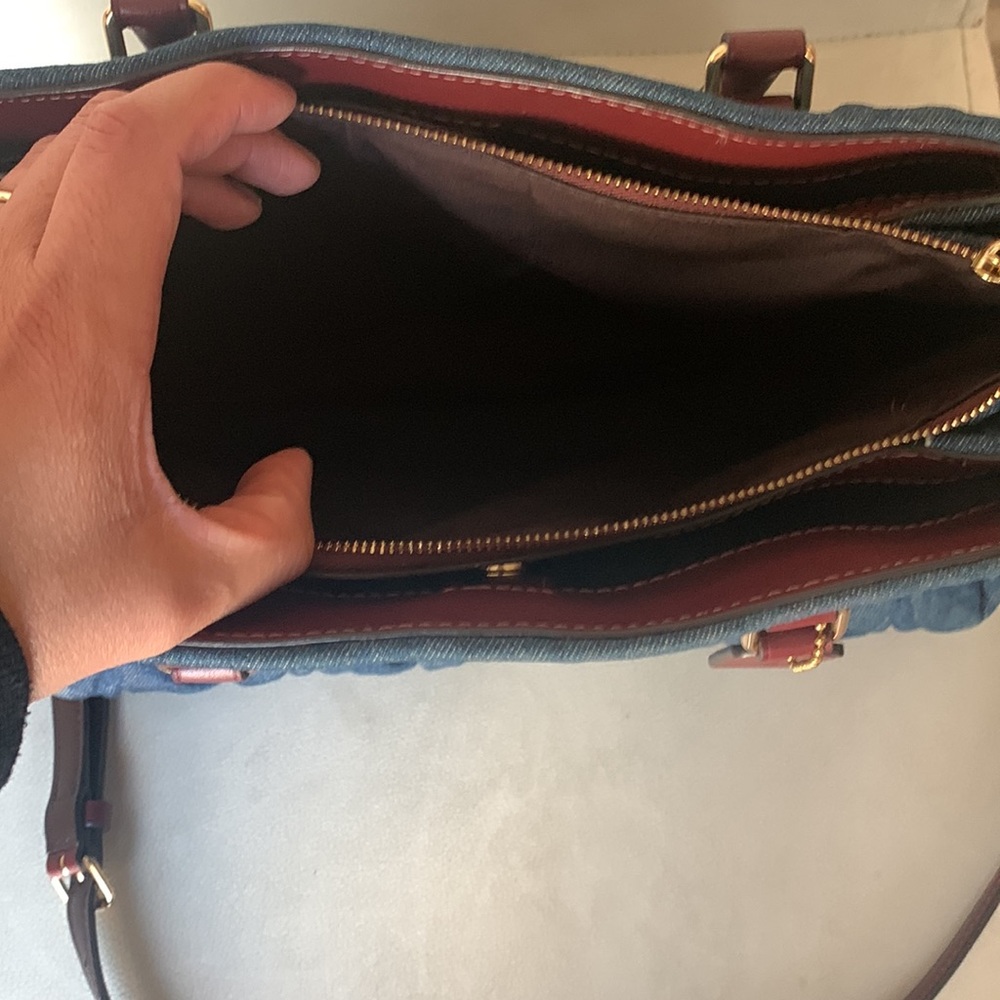 Coach Quilted Navy Denim Satchel with Burgundy Leather Trim - Picture 3 of 15